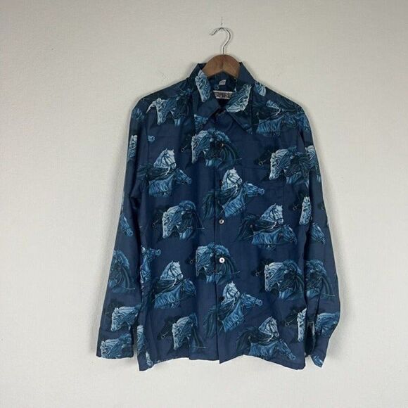 Spire California Vintage 70s Blue Western Horse Button Up Long Sleeve Large - Picture 1 of 11